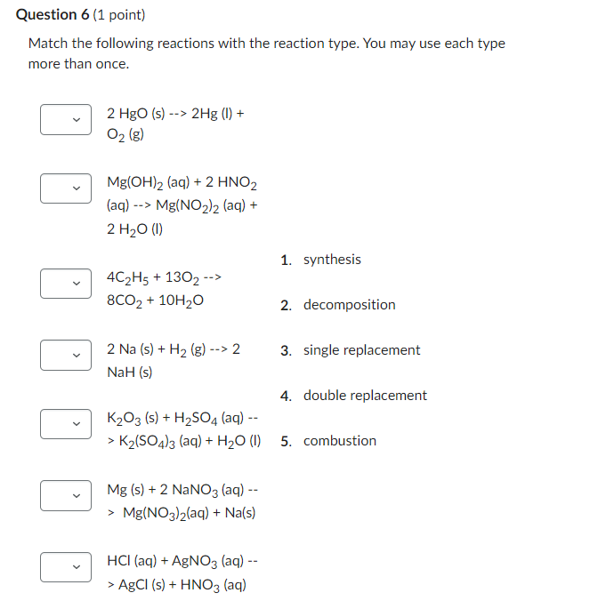 Solved Question 6 (1 point) Match the following reactions | Chegg.com