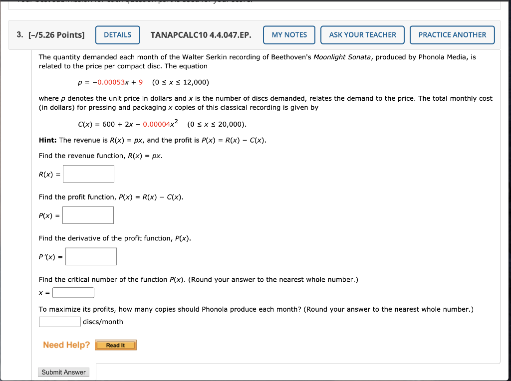 Solved 3. [-75.26 Points) DETAILS TANAPCALC10 4.4.047.EP. MY | Chegg.com