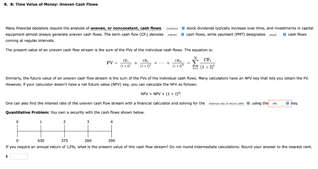Solved 8. 8: Time Value of Money: Uneven Cash Flows Many | Chegg.com