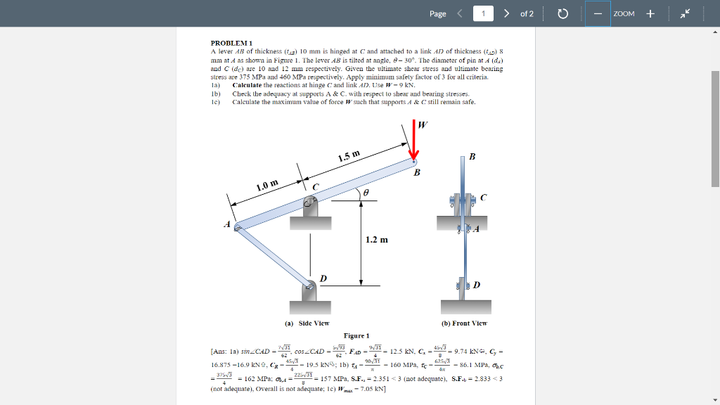 Solved Page 1 > of2 lo ZOOM + + PROBLEM 1 A lever AB of | Chegg.com