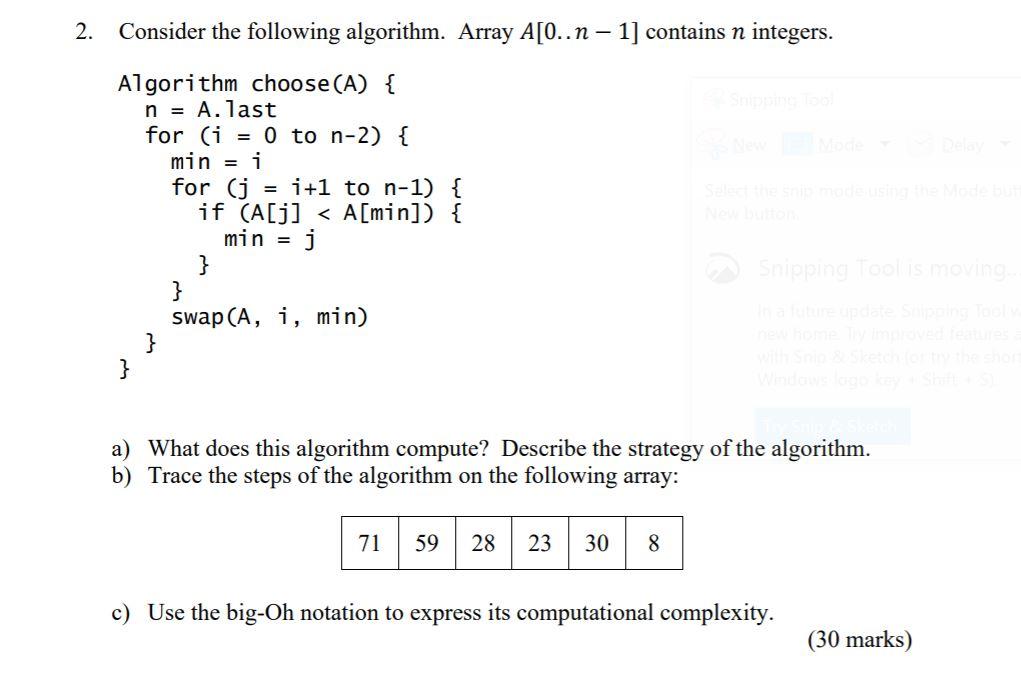 Solved 2. Consider The Following Algorithm. Array A[O.. N - | Chegg.com