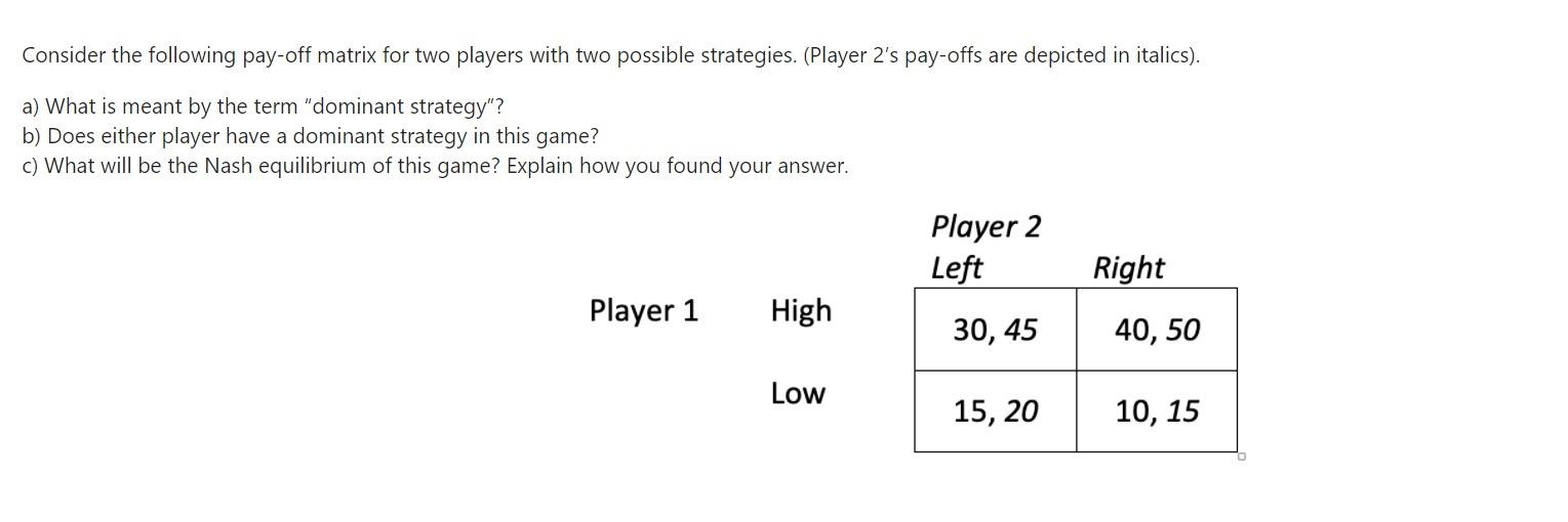 Solved Consider the following pay-off matrix for two players | Chegg.com