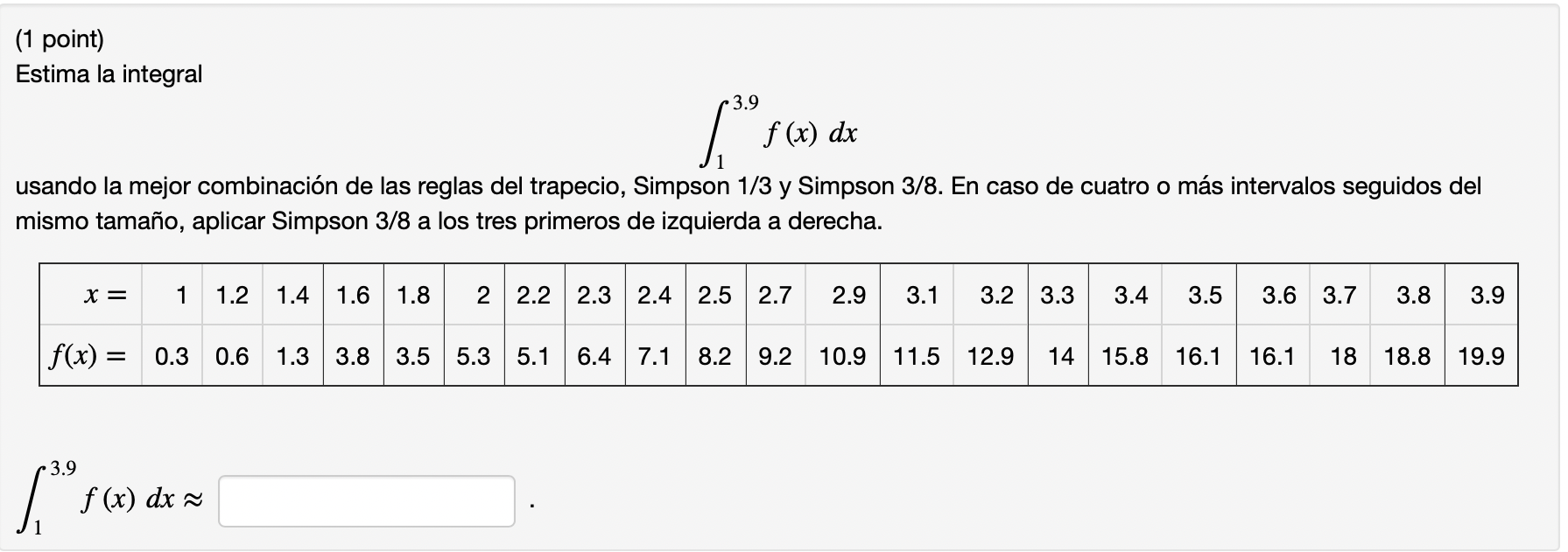 (1 point) Estima la integral 3.9 1,³05 f (x) dx usando la mejor combinación de las reglas del trapecio, Simpson 1/3 y Simpson