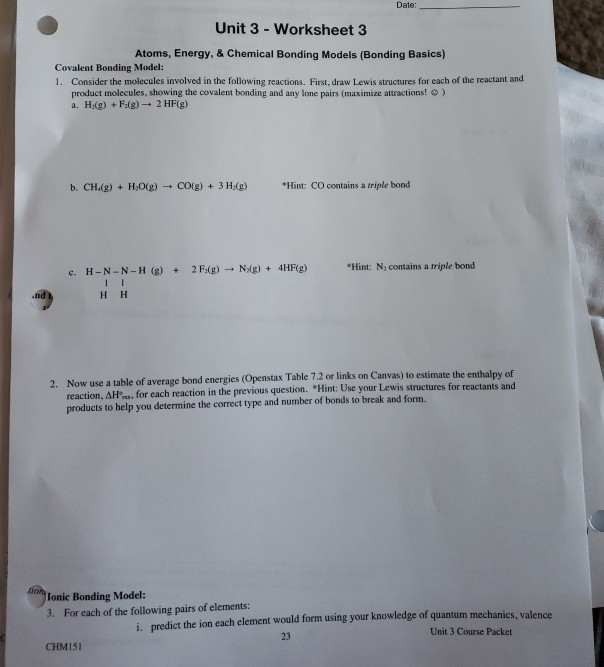 Solved Date Unit 3 Worksheet 3 Atoms Energy Chemical Chegg Com