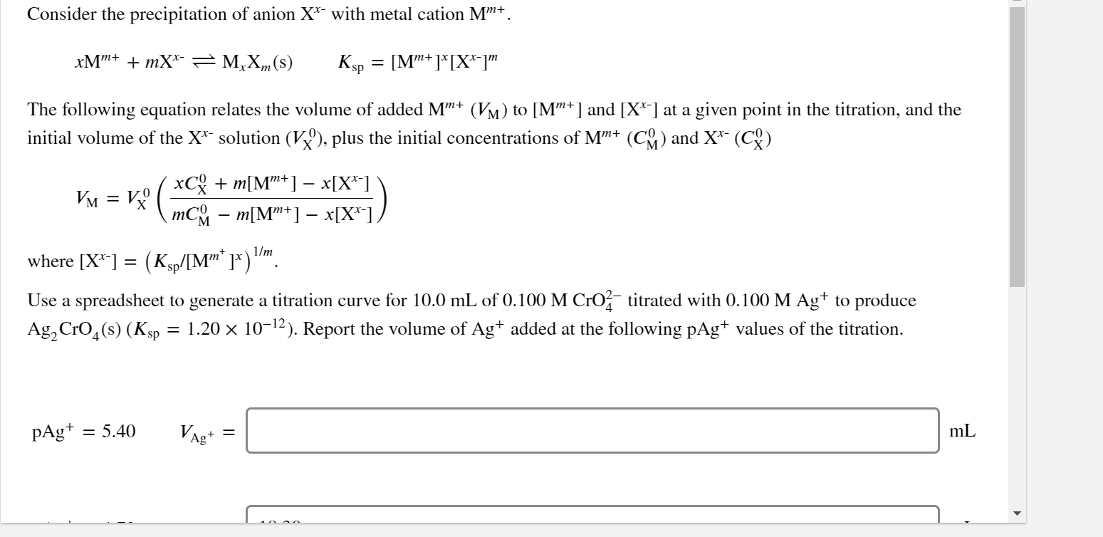 Consider the precipitation of anion XX with metal | Chegg.com