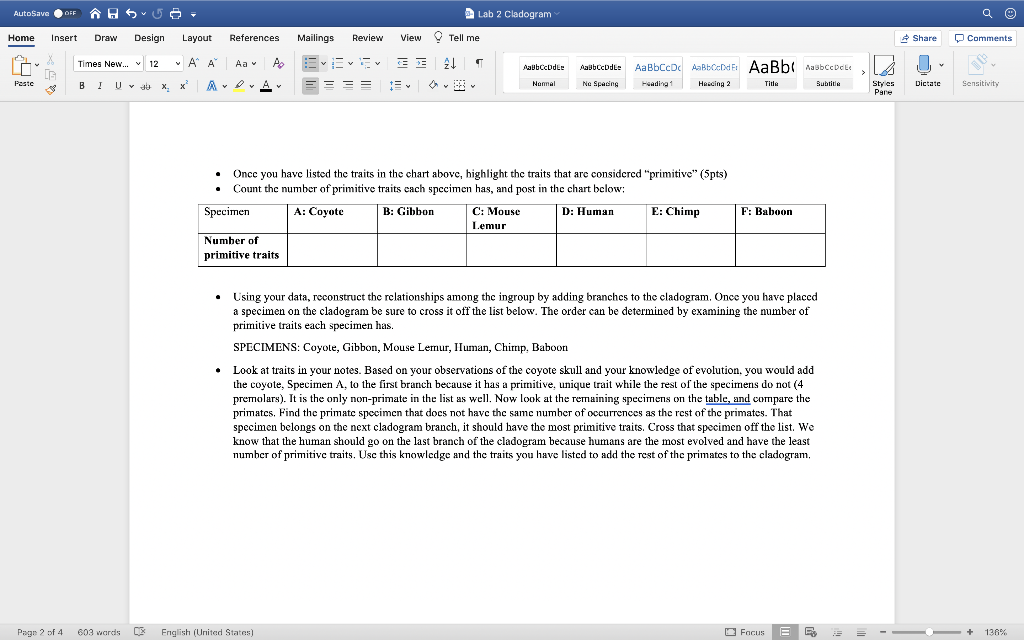 AutoSave OFF OFF $ Lab 2 Cladogram A Home Insert Draw | Chegg.com