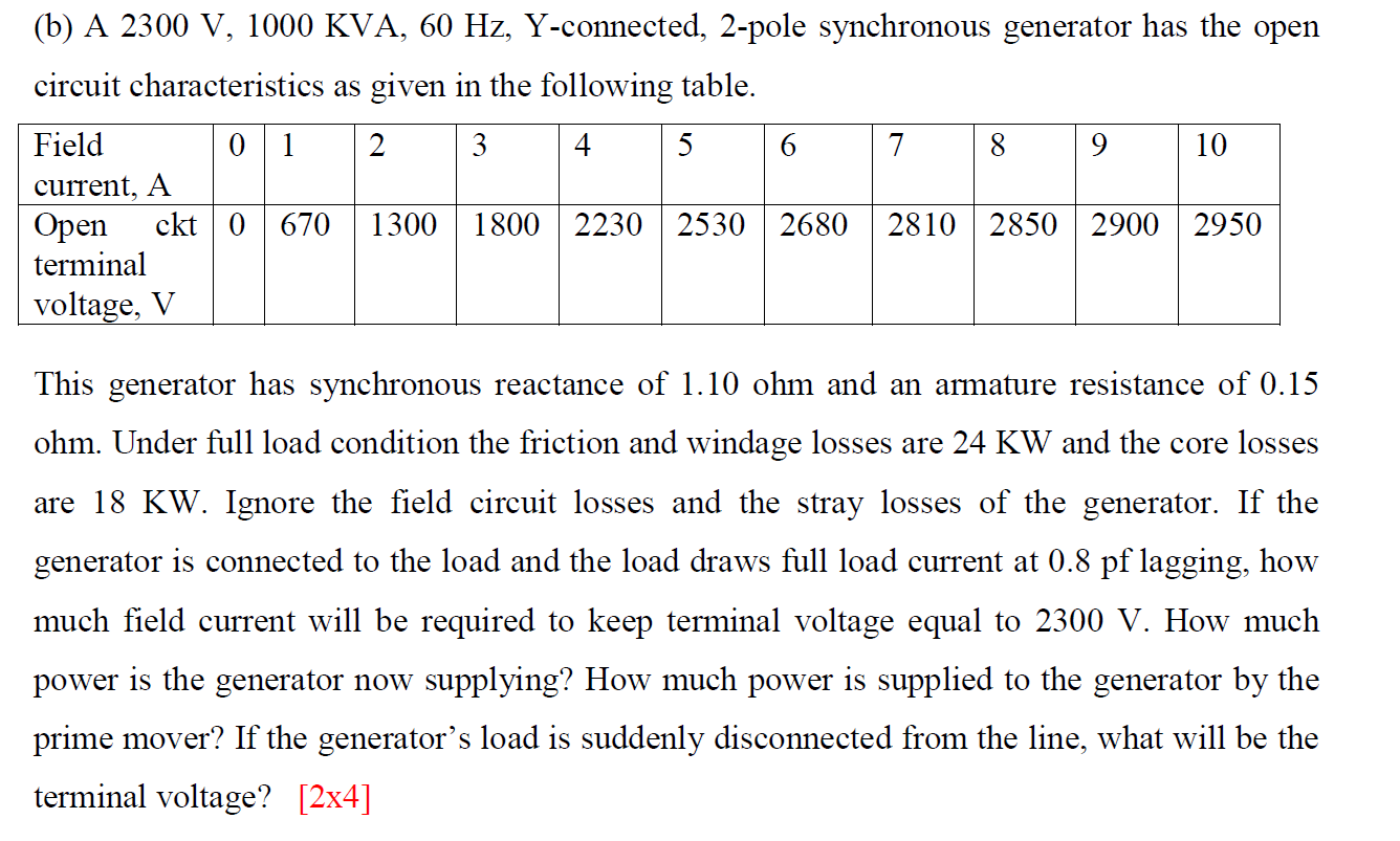 Solved (b) A 2300 V,1000KVA,60 Hz,Y-connected, 2-pole | Chegg.com