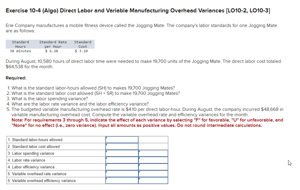 Solved exercise 10 4 algo direct labor and variable chegg