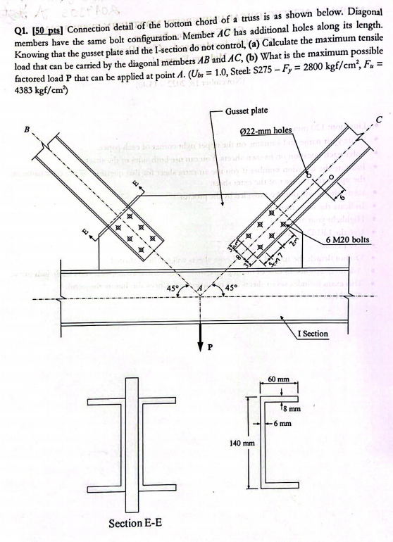 Solved Q1. [50 pts] Connection detail of the bottom chord of | Chegg.com