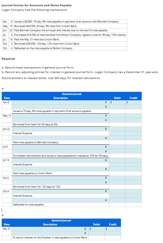 Solved Journal Entries for Accounts and Notes Payable Logan | Chegg.com