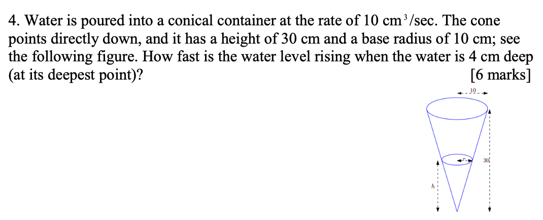Solved 4. Water is poured into a conical container at the | Chegg.com