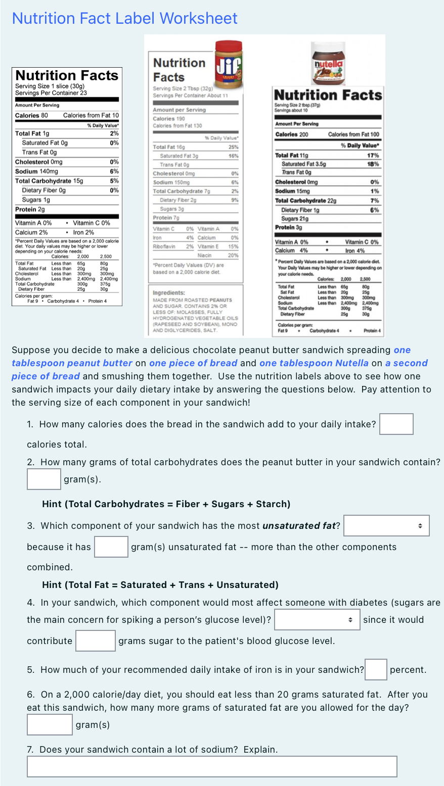 Solved Nutrition Fact Label Worksheet Nutrition Jif Facts  Chegg.com For Nutrition Label Worksheet Answers