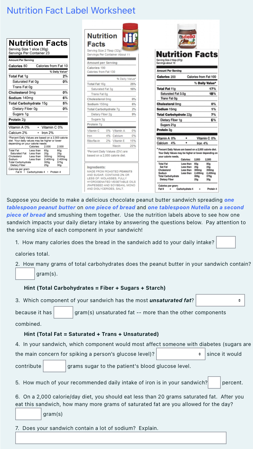 Nutrition Label Worksheet Answers