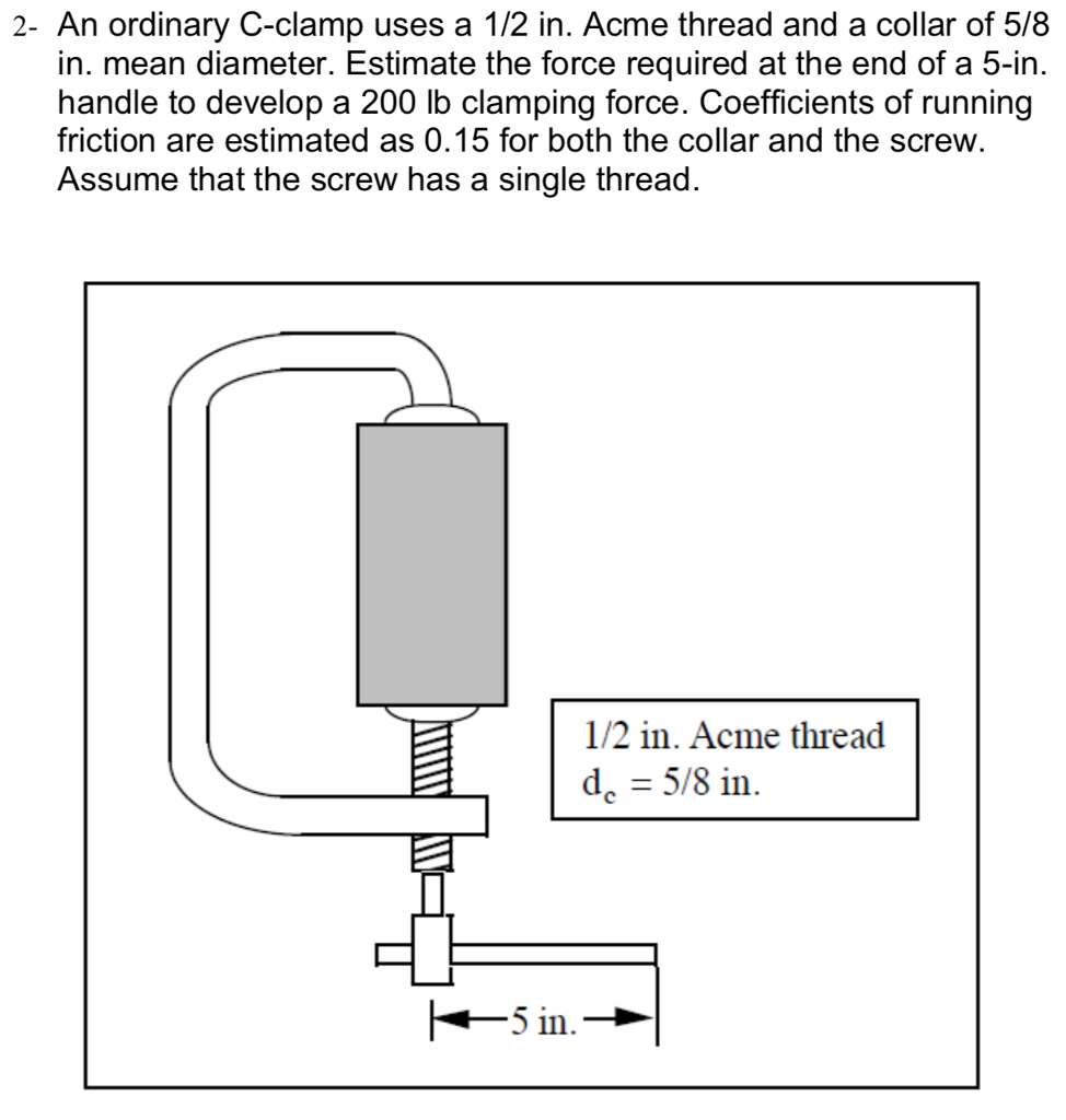 Solved 2 An ordinary Cclamp uses a 1/2 in. Acme thread and