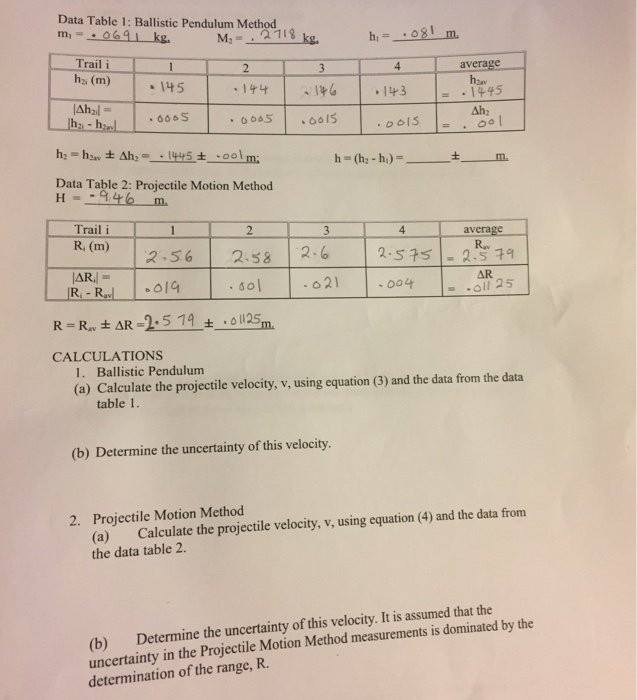 Solved Data Table 1: Ballistic Pendulum Method Trail i (m) | Chegg.com