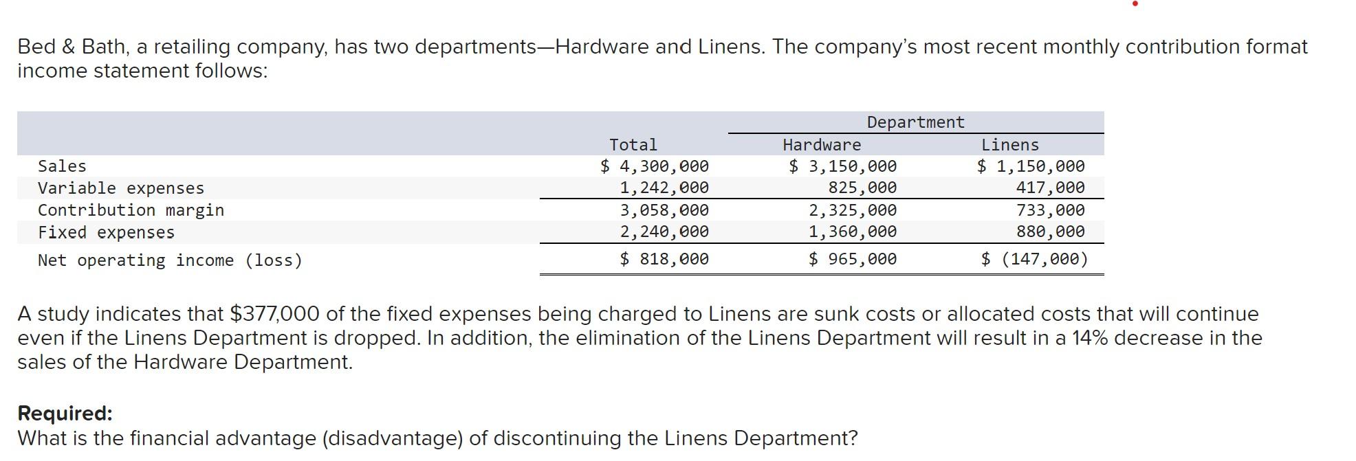 Solved Bed \& Bath, a retailing company, has two