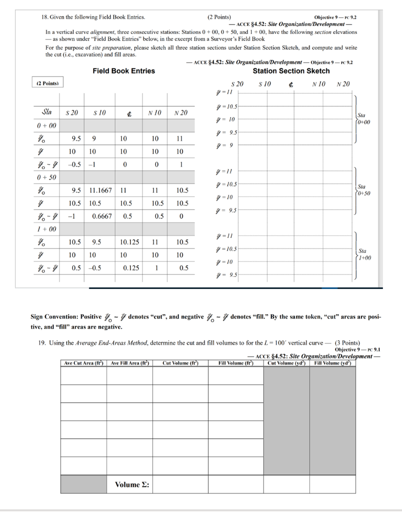 18. Given the following Field Book Entries. (2