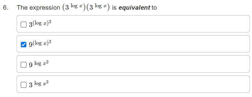 Solved The expression (3logx)(3logx) ﻿is equivalent | Chegg.com