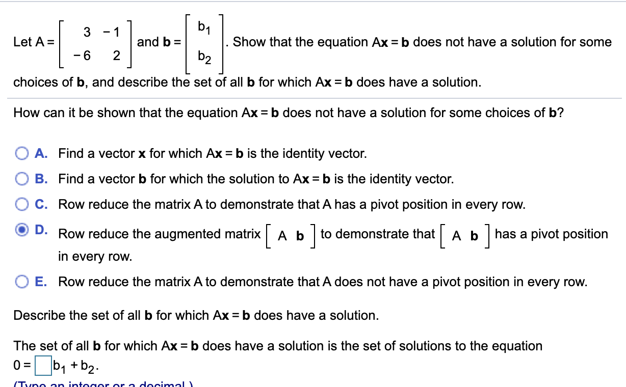 Solved [ 3 -1 Let A= And B Show That The Equation Ax=b Does | Chegg.com