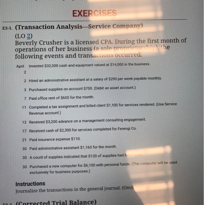 Solved EXERCISES E3-1. (Transaction Analysis-Service | Chegg.com