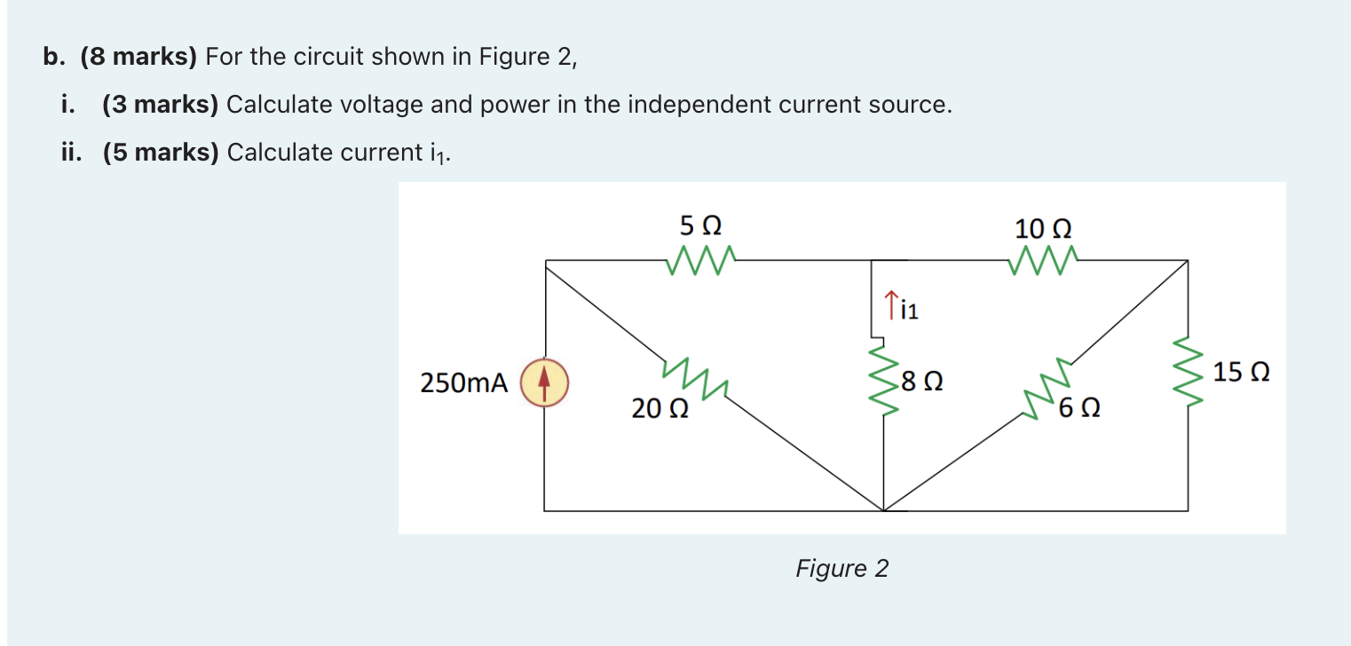 b. (8 marks) For the circuit shown in Figure 2,
i. (3 marks) Calculate voltage and power in the independent current source.
i