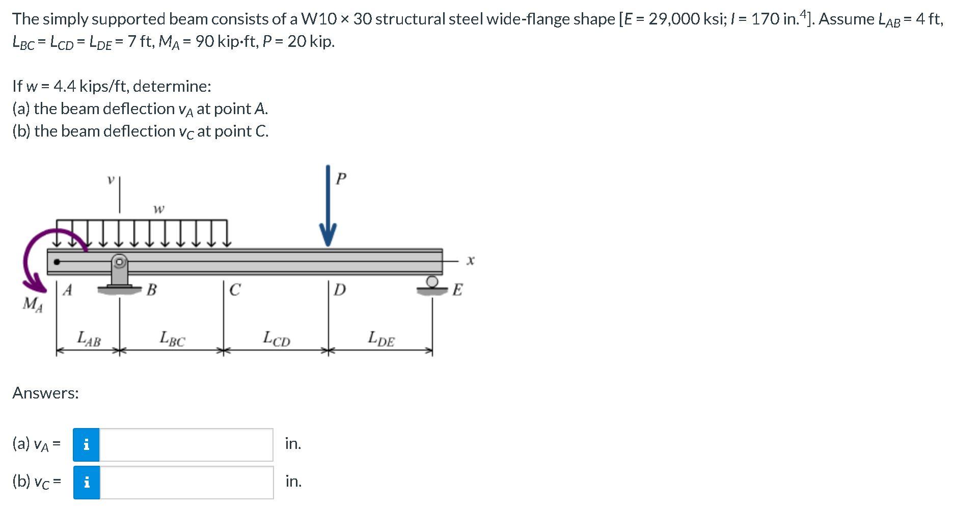 Solved The simply supported beam consists of a W10 x 30 | Chegg.com