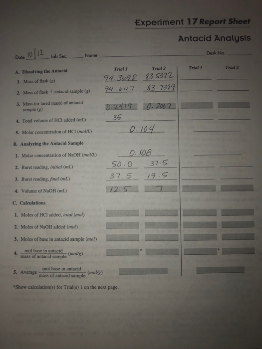 Solved Experiment 17 Report Sheet Antacid Analysis Desk No.