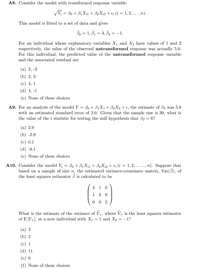 Solved A8. Consider The Model With Transformed Response | Chegg.com