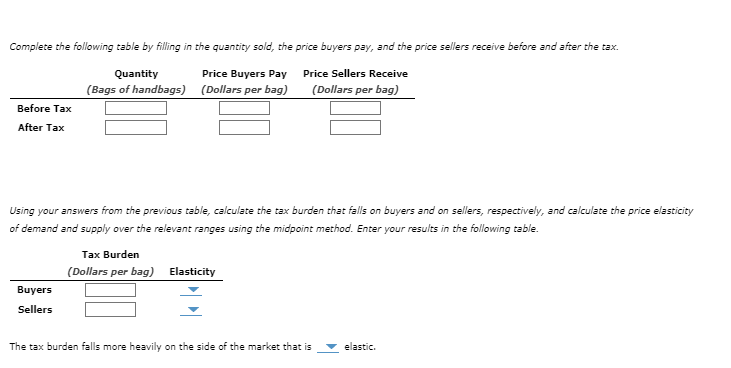 Complete the following table by filling in the quantity sold, the price buyers pay, and the price sellers receive before and