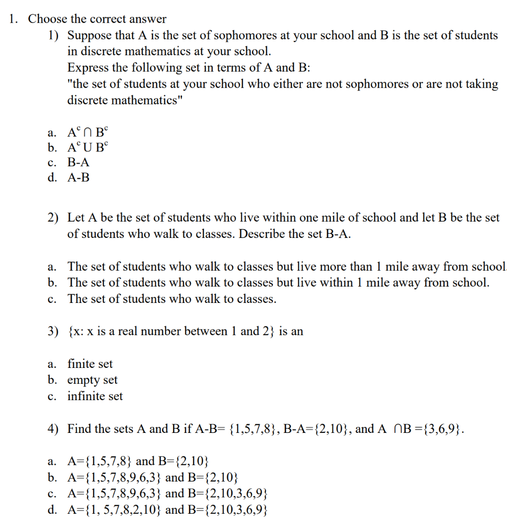 Solved Choose the correct answer 1) Suppose that A is the | Chegg.com