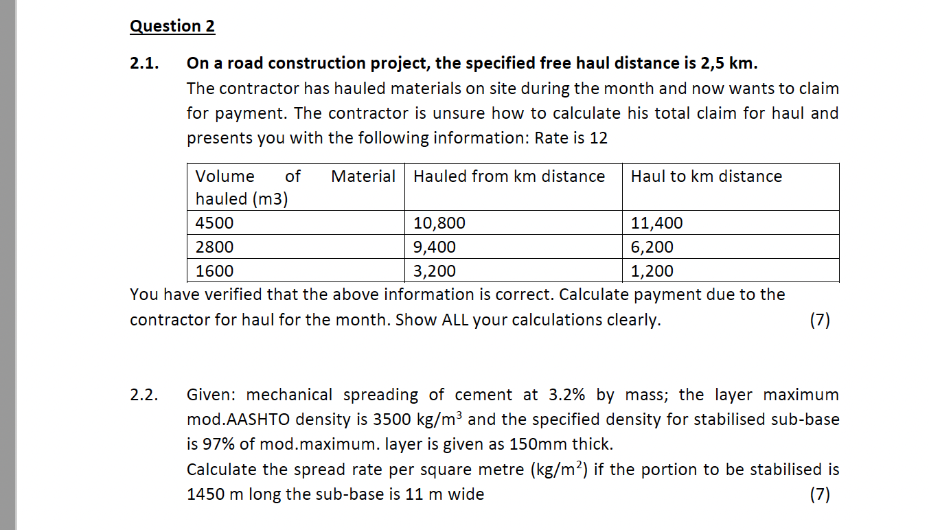 Solved Question 2 2.1. On a road construction project, the | Chegg.com