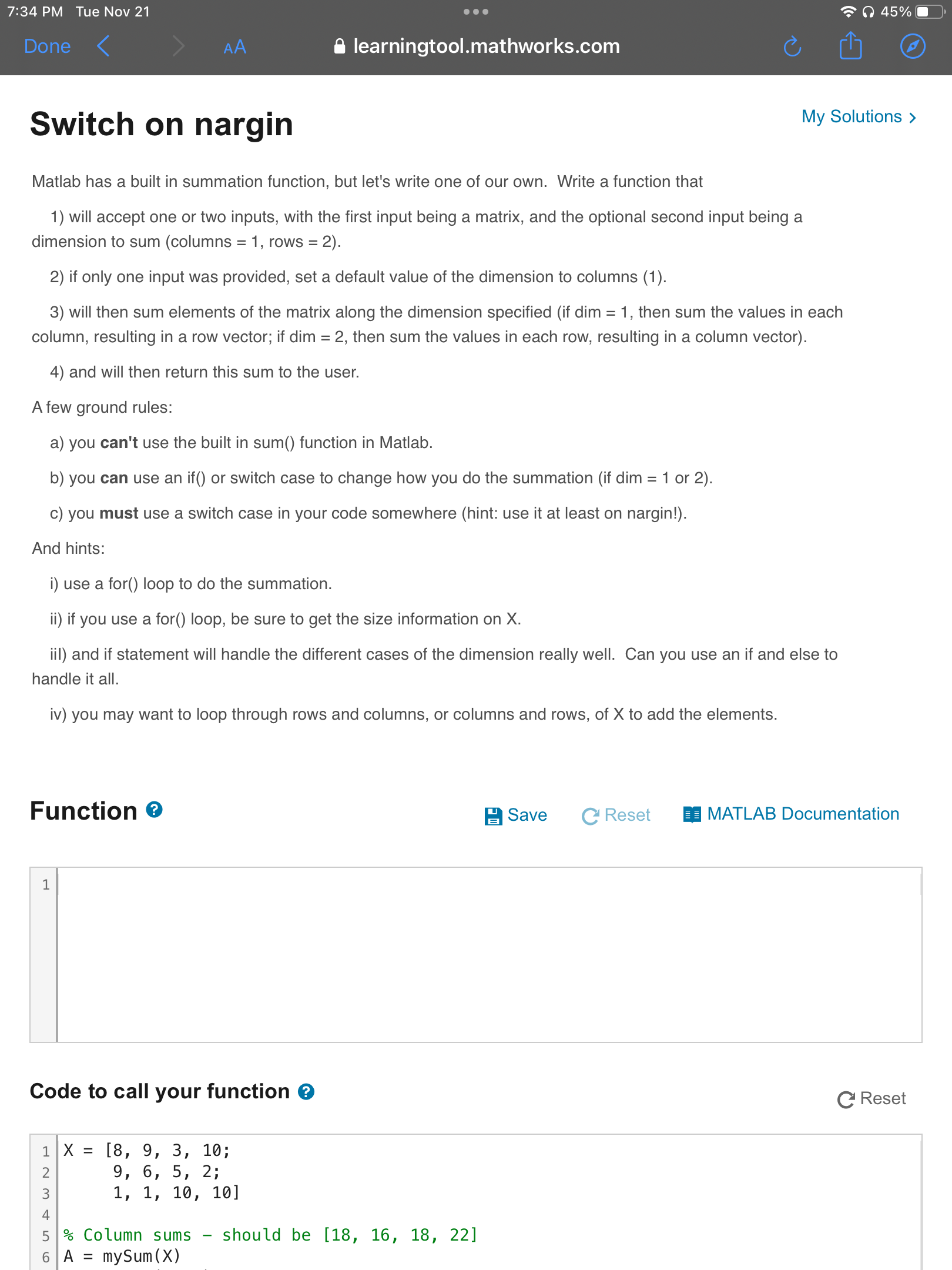 Solved Switch on nargin My Solutions > Matlab has a built in