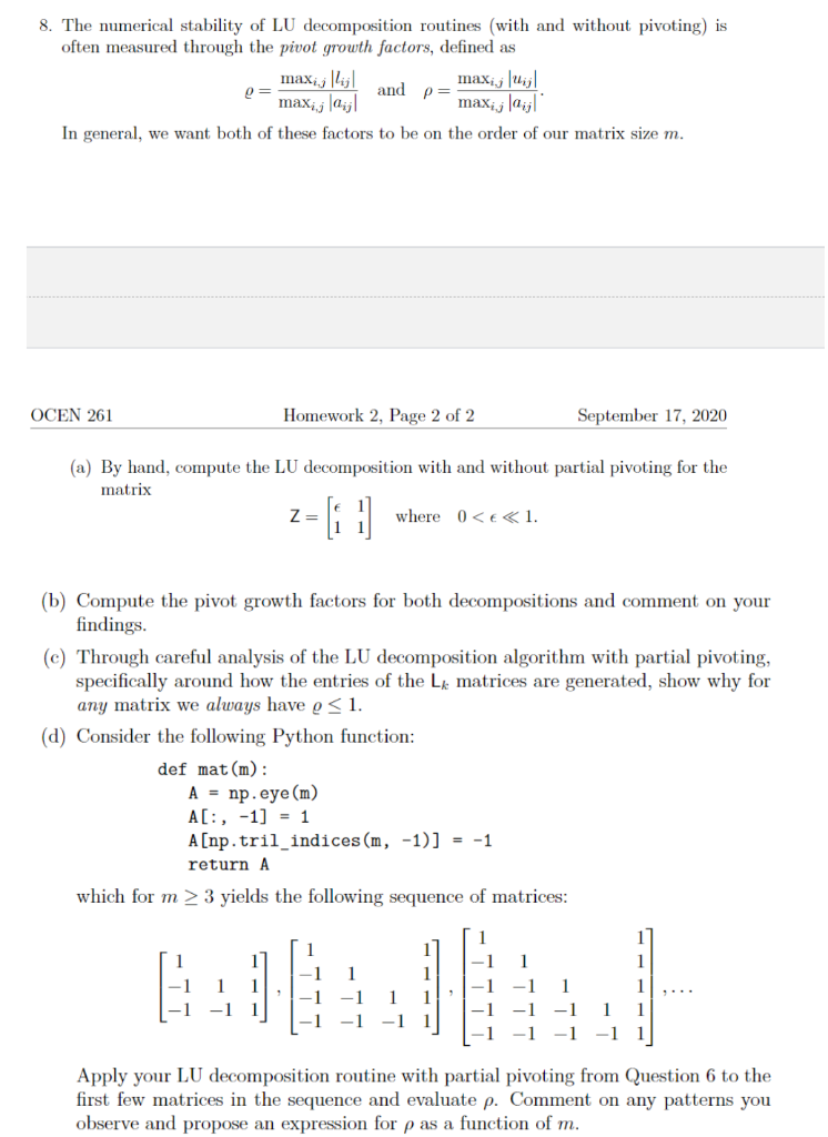 8. The numerical stability of LU decomposition | Chegg.com