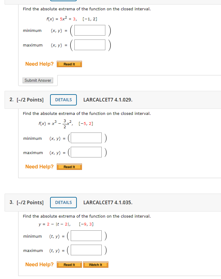 Solved 1) Find The Absolute Extrema Of The Function On The 