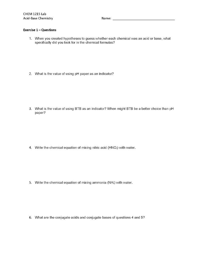 Solved CHEM 1215 Lab Acid-Base Chemistry Name: Exercise 1 - | Chegg.com