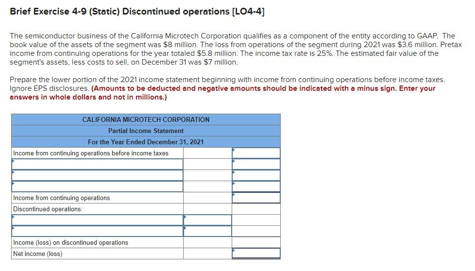 Solved Brief Exercise 4-9 (Static) Discontinued operations | Chegg.com