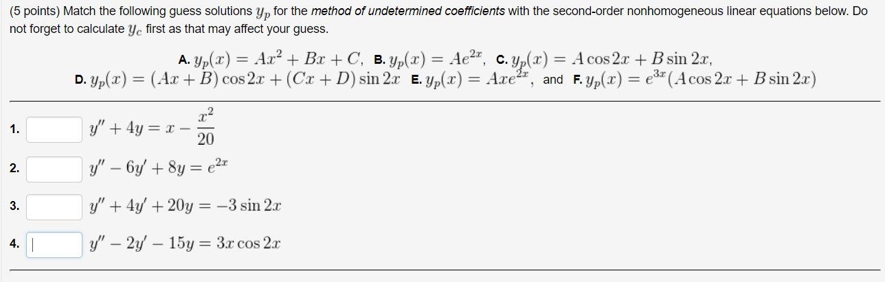 Solved (5 points) Match the following guess solutions yp for | Chegg.com