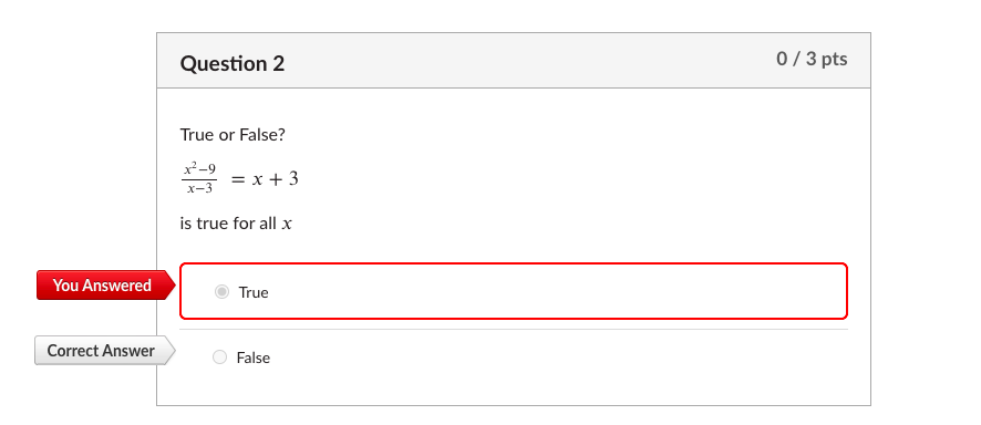 Solved Question 2 0/3 pts True or False? X-9 X-3 = x + 3 is | Chegg.com