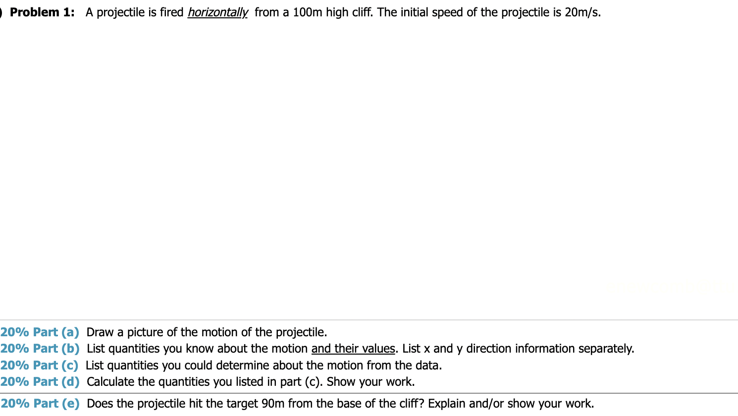 Solved Problem 1: A projectile is fired horizontally from a | Chegg.com