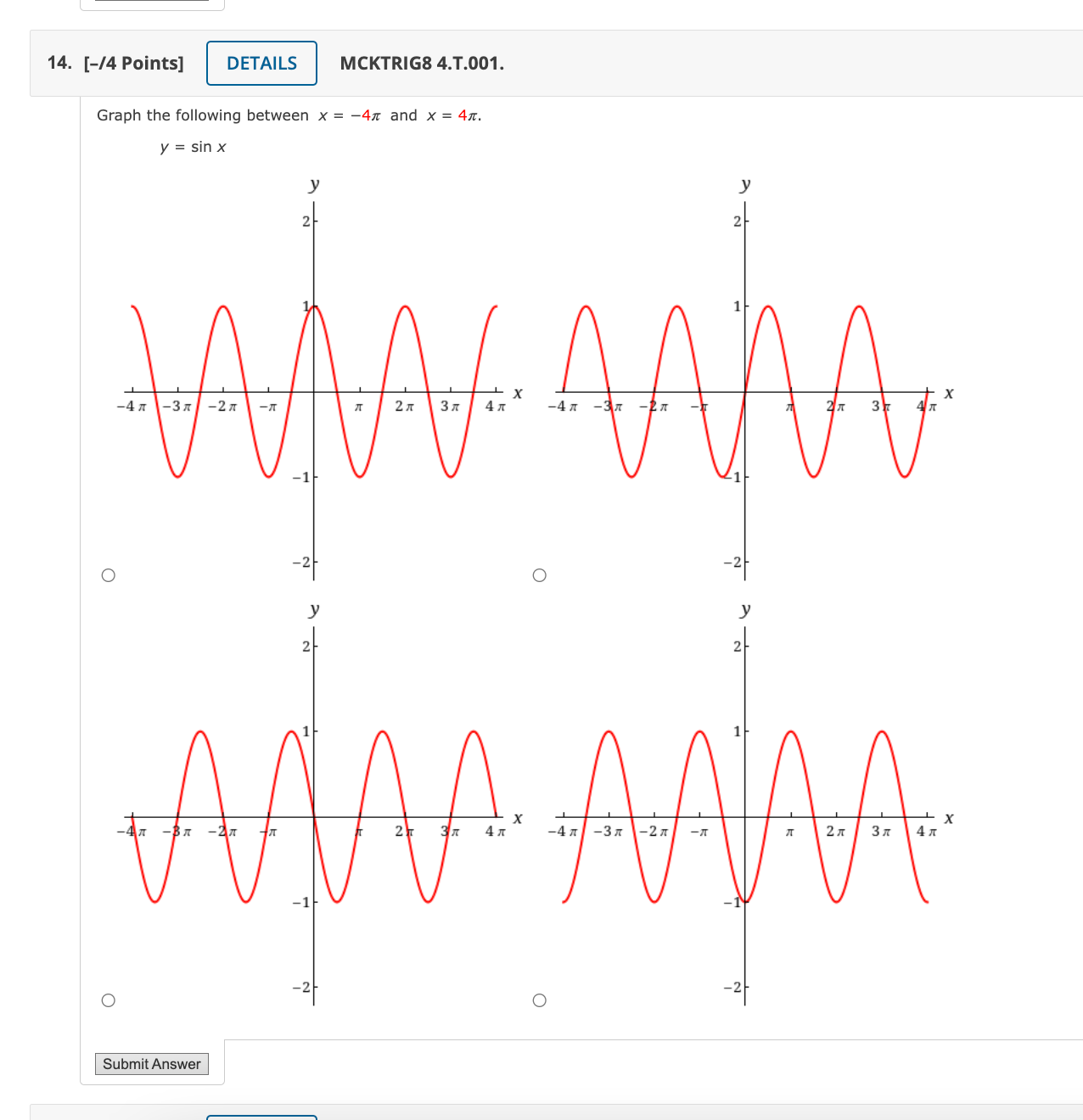 Solved Graph the following between x=−4π and x=4π. | Chegg.com
