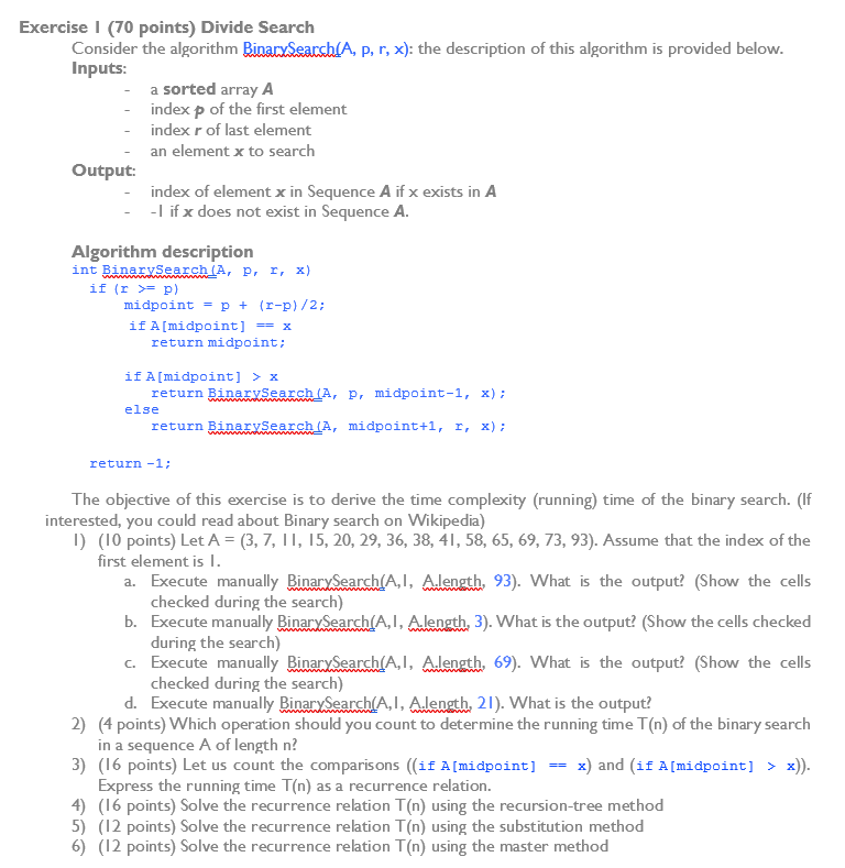 Solved Exercise I (70 points) Divide Search Consider the | Chegg.com