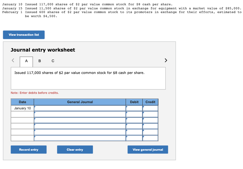 Solved January 10 Issued 117,000 Shares Of $2 Par Value | Chegg.com