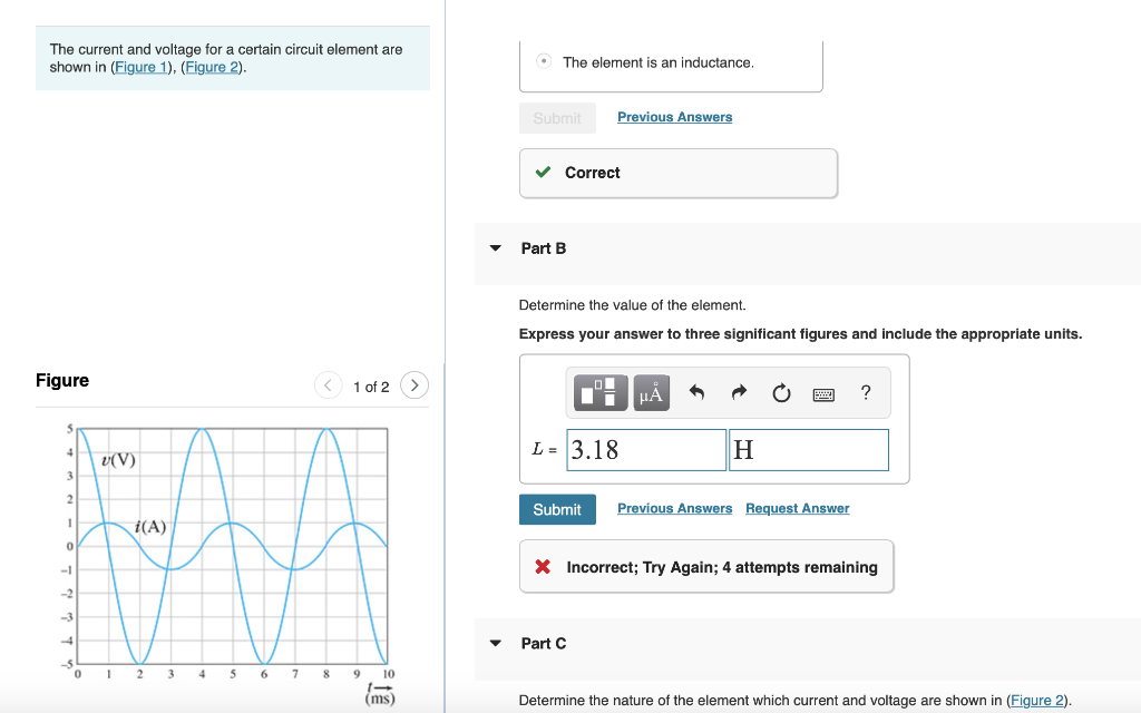 Solved The current and voltage for a certain circuit element | Chegg.com