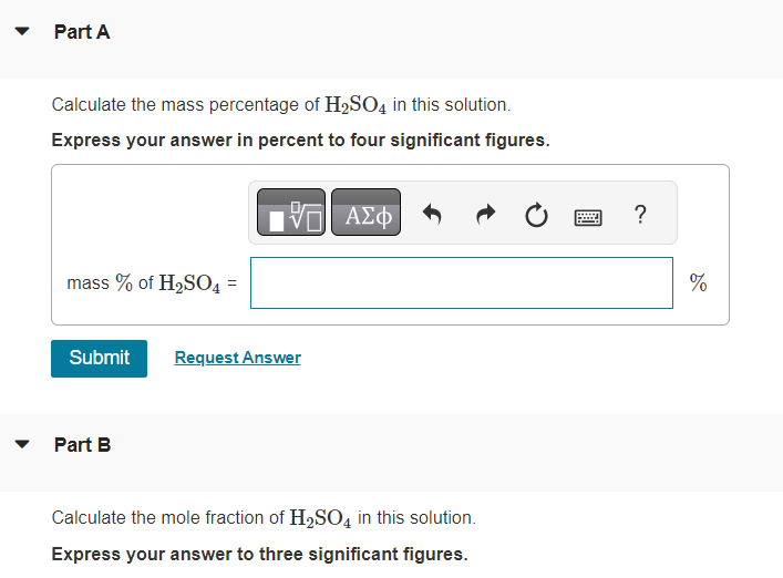Solved A sulfuric acid solution containing 571.3 g of H2SO4