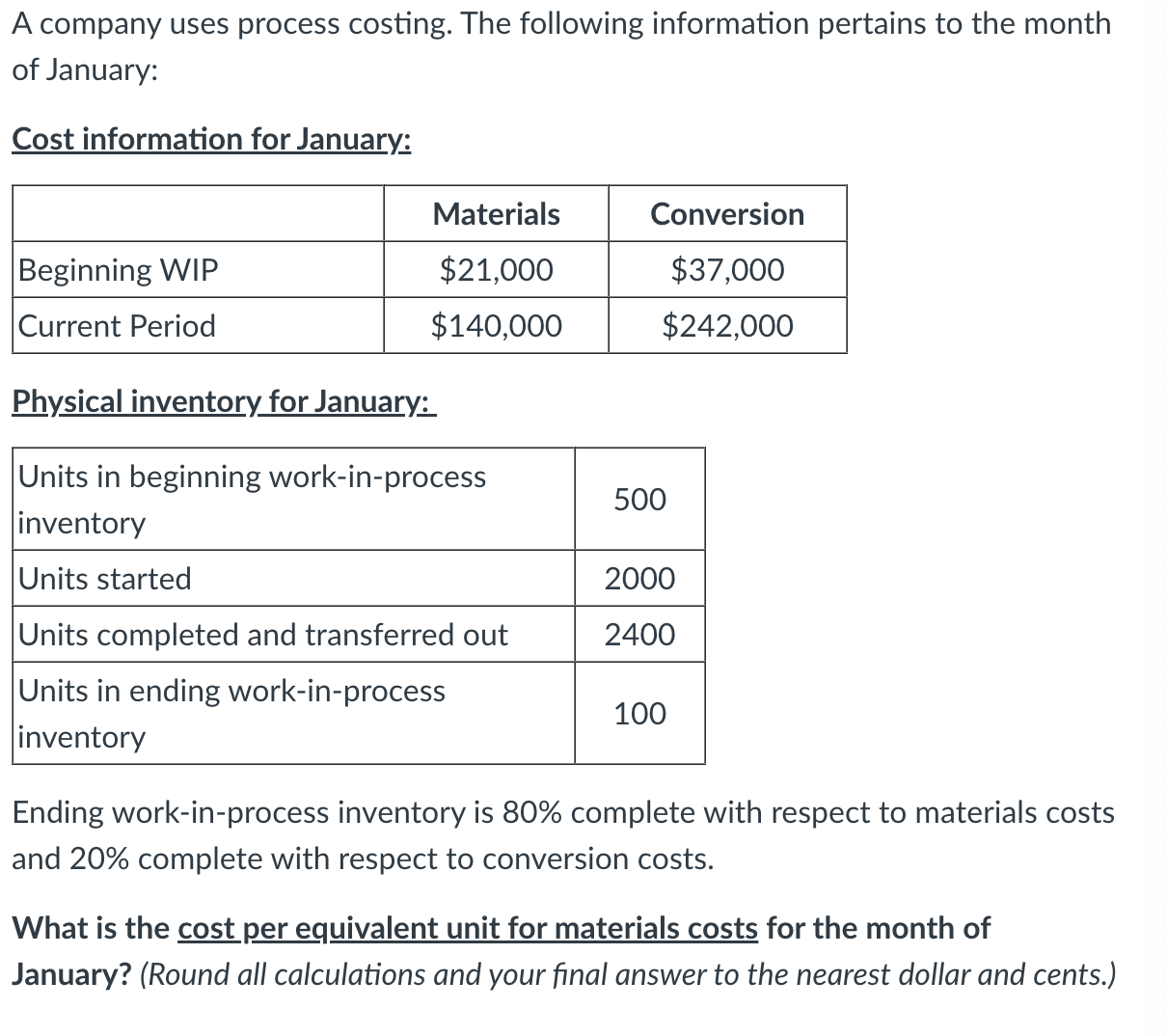 Solved A company uses process costing. The following | Chegg.com