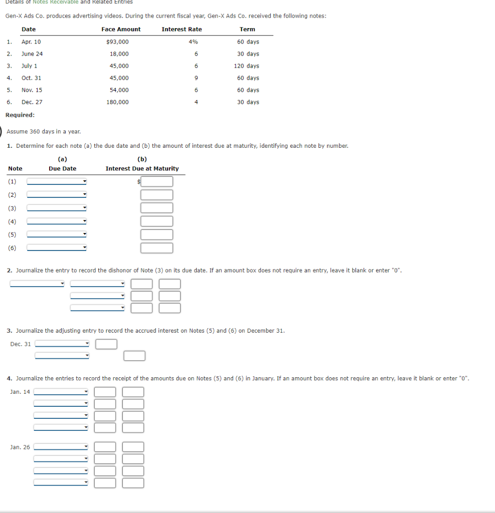Solved Details of Notes Receivable and Related Entries GenX