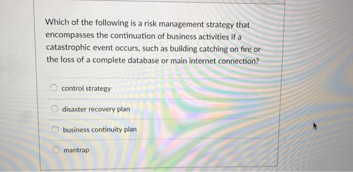 Solved Which Of The Following Is A Risk Management Strategy | Chegg.com