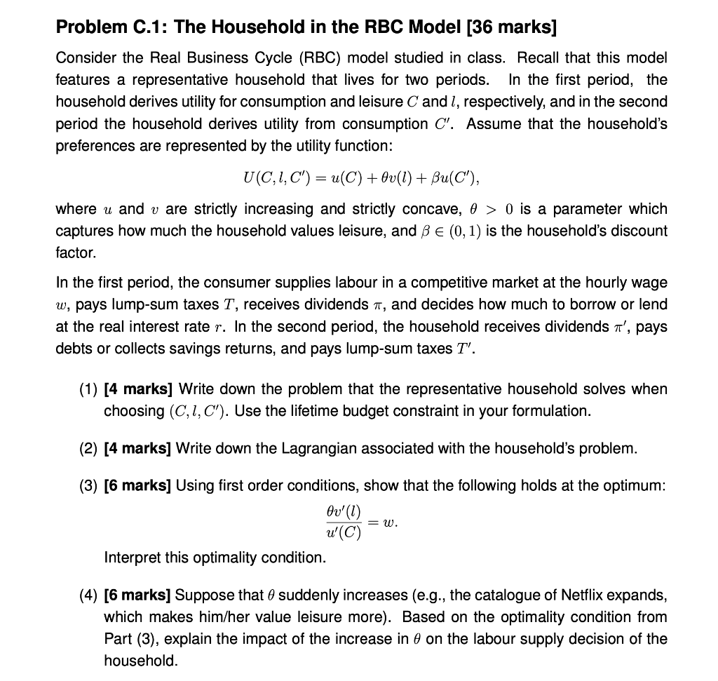 Problem C 1 The Household In The Rbc Model 36 Chegg