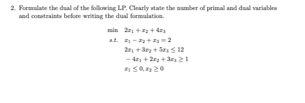 Solved 2. Formulate the dual of the following LP. Clearly | Chegg.com