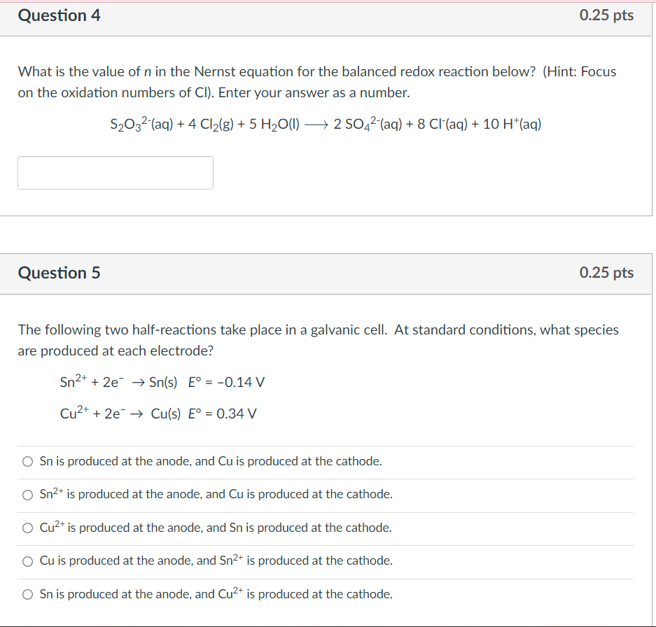 What is the value of \( n \) in the Nernst equation for the balanced redox reaction below? (Hint: Focus on the oxidation numb